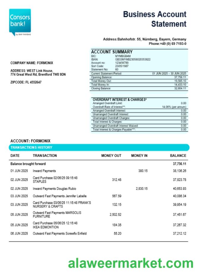 Consorsbank business organization checking  statement Word and PDF format